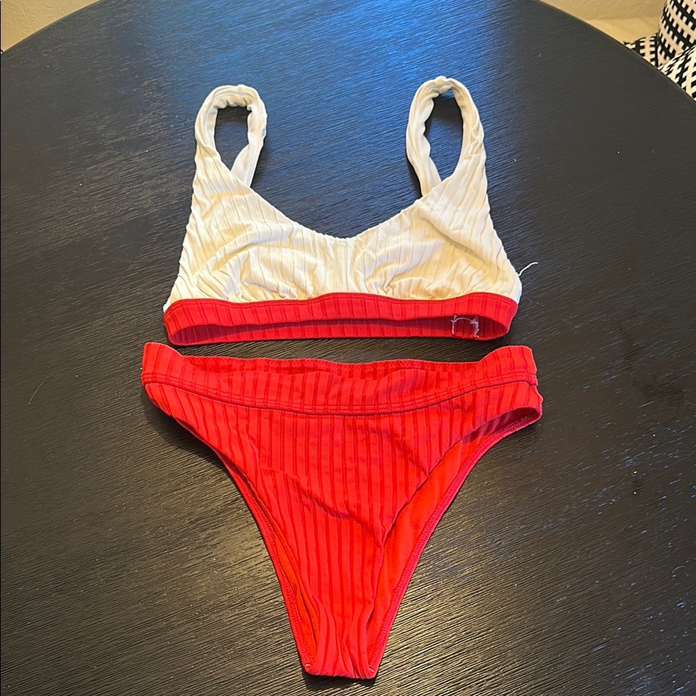 Red and White Ribbed Bikini Set